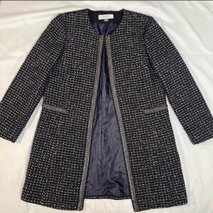 Tahari Womens Wool Tweed Metallic Blue Black Check Long Coat Academia Evening